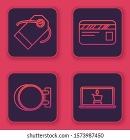 Set line Blank label template price tag, Signboard hanging, Credit card and Shopping cart on screen laptop. Blue square button. Vector