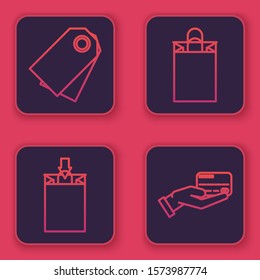 Set line Blank label template price tag, Paper shopping bag, Paper shopping bag and Human hand holding with credit card. Blue square button. Vector