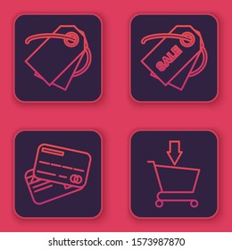 Set line Blank label template price tag, Credit card, Price tag with an inscription Sale and Add to Shopping cart. Blue square button. Vector