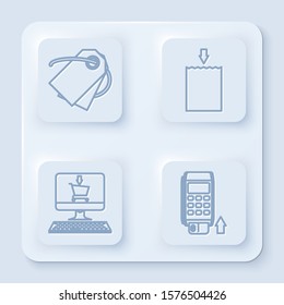 Set line Blank label template price tag, Paper shopping bag, Shopping cart on screen computer and Pos terminal with inserted credit card. White square button. Vector