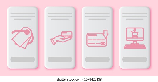 Set line Blank label template price tag, Human hand holding with credit card, Credit card and Shopping cart on screen computer. White rectangle button. Vector