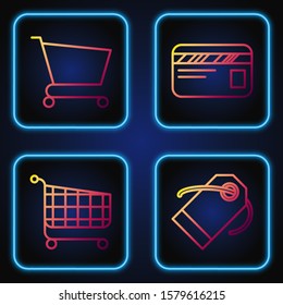 Set line Blank label template price tag, Shopping cart, Shopping cart and Credit card. Gradient color icons. Vector