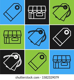 Set line Blank label template price tag, Blank label template price tag and Shopping building or market store icon. Vector