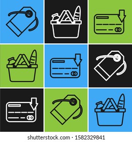 Set line Blank label template price tag, Credit card and Shopping basket and food icon. Vector