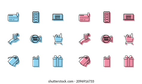 Establecer la etiqueta en blanco etiqueta etiqueta etiqueta etiqueta de la etiqueta de precio, caja de regalo, carteles colgados con la inscripción aquí, carrito de compras, mano humana con recibo o factura en blanco para el pago e icono de teléfono móvil en línea. Vector