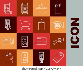 Set Line Blank Label Template Price Tag, Signboard Hanging Inscription Shop Here, Shopping Basket, Cart, Pos Terminal Inserted,  And Paper Shopping Bag Icon. Vector