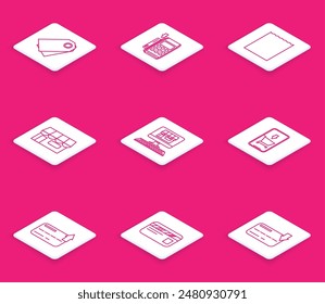 Set line Blank label template price tag, Paper shopping bag, Shopping building or market store, on screen computer, Mobile phone and cart, Credit and  icon. Vector