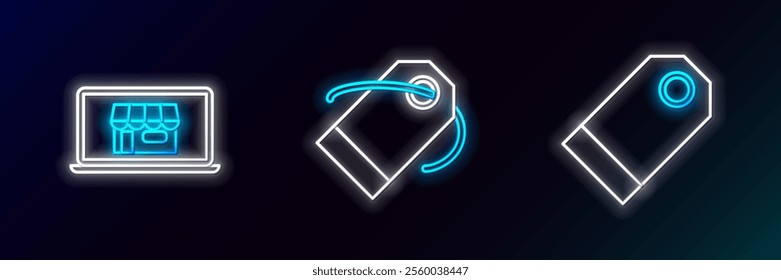 Set line Blank label template price tag, Shopping building on screen laptop and  icon. Glowing neon. Vector