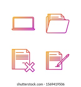 Set line Blank notebook and pen, Delete file document, Laptop and Document folder. Gradient color icons. Vector