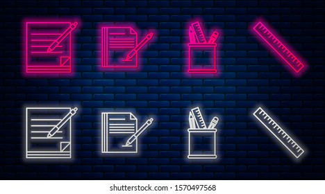 Set line Blank notebook and pen, Pencil case stationery, Blank notebook and pen and Ruler. Glowing neon icon on brick wall. Vector