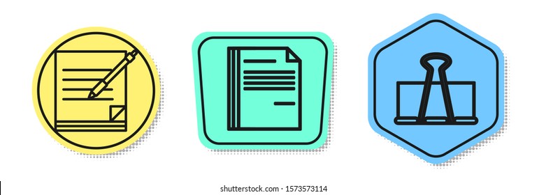 Set line Blank notebook and pen, File document and Binder clip. Colored shapes. Vector