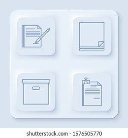 Set line Blank notebook and pen, File document, Carton cardboard box and File document and binder clip. White square button. Vector