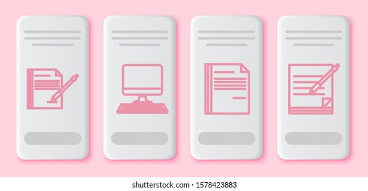 Set line Blank notebook and pen, Computer monitor with keyboard, File document and Blank notebook and pen. White rectangle button. Vector
