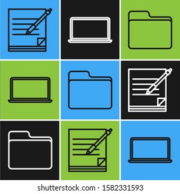 Set line Blank notebook and pen, Document folder and Laptop icon. Vector