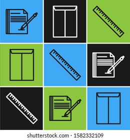 Set line Blank notebook and pen, Ruler and Envelope icon. Vector