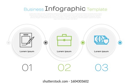 Set line Blank notebook and pen, Briefcase and Money with shield. Business infographic template. Vector