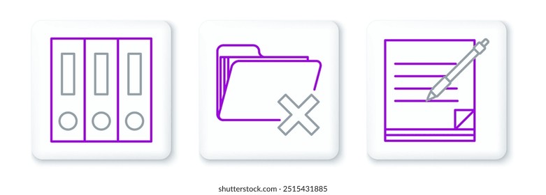 Set line Blank notebook and pen, Office folders with papers documents and Delete icon. Vector