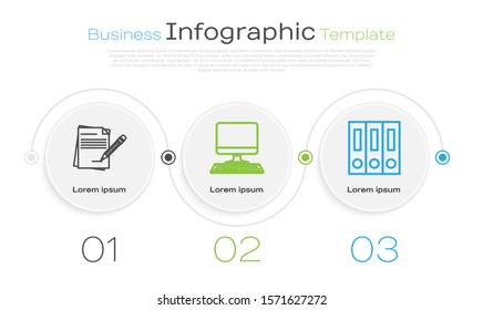 Set line Blank notebook and pencil with eraser, Computer monitor with keyboard and Office folders with papers and documents. Business infographic template. Vector
