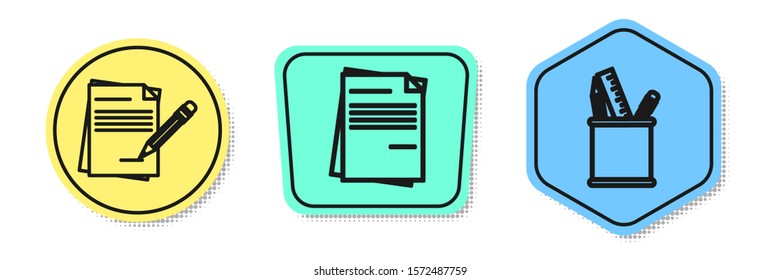 Set line Blank notebook and pencil with eraser, File document and Pencil case stationery. Colored shapes. Vector