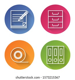 Set line Blank notebook and pencil with eraser, Drawer with documents, Scotch and Office folders with papers and documents. Color circle button. Vector