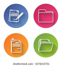 Set line Blank notebook and pencil with eraser, Document folder, File document and binder clip and Document folder. Color circle button. Vector