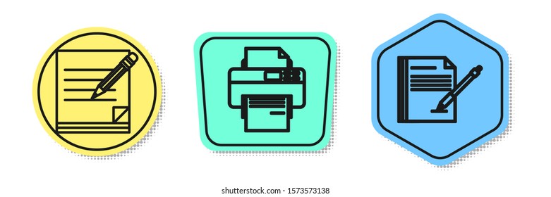Set line Blank notebook and pencil with eraser, Printer and Blank notebook and pen. Colored shapes. Vector