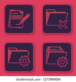 Set line Blank notebook and pencil with eraser, Folder settings with gears, Delete folder and Folder settings with gears. Blue square button. Vector