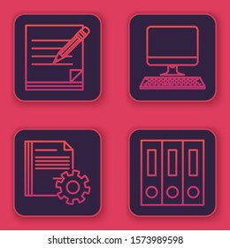 Set line Blank notebook and pencil with eraser, Document settings with gears, Computer monitor with keyboard and Office folders with papers and documents. Blue square button. Vector