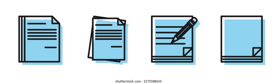 Set line Blank notebook and pencil with eraser, File document, File document and File document icon. Vector