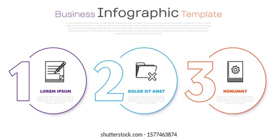 Set line Blank notebook and pencil with eraser, Delete folder and User manual. Business infographic template. Vector