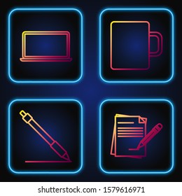Set line Blank notebook and pencil with eraser, Pen line, Laptop and Coffee cup. Gradient color icons. Vector
