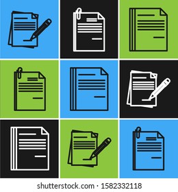 Set line Blank notebook and pencil with eraser, File document and File document and paper clip icon. Vector