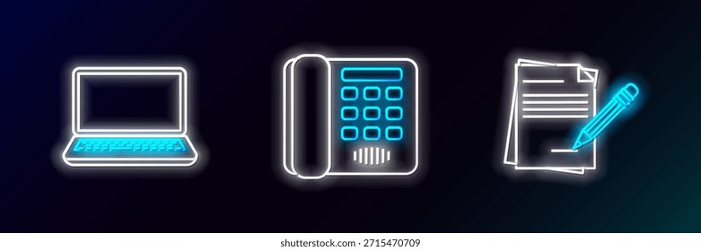 Cuaderno en blanco y lápiz con borrador, portátil y teléfono icono. Brillante neón. Vector