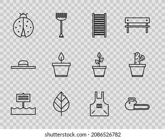 Set line Blank wooden sign board, Chainsaw, Wooden staircase, Leaf, Ladybug, Plant pot, Kitchen apron and Cactus and succulent icon. Vector