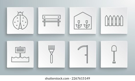 Set line Blank wooden sign board, Bench, Garden rake, Scythe, Shovel, Home greenhouse and plants, fence and Ladybug icon. Vector