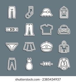 Set line Blazer or jacket, Hoodie, Sport bag, Elegant women hat, Pants, Leather belt,  and T-shirt icon. Vector