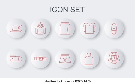 Set line Blazer or jacket, Sport socks, Skirt, Sleeveless T-shirt, Oktoberfest hat, Hoodie, Leather belt and Men underpants icon. Vector