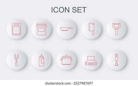 Set line Blender, Barbecue fork, Frying pan, Kitchen extractor fan, Cutting board, Jam jar, Sauce bottle and Cooking pot icon. Vector