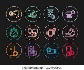 Set line Blender with bowl setting, Fast payments, Hourglass, Video camera, Time management, Power bank, Processor and Drill machine icon. Vector