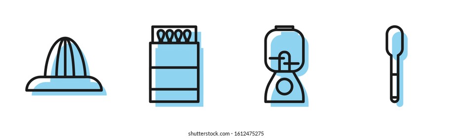 Set line Blender, Citrus fruit juicer, Open matchbox and matches and Spoon icon. Vector