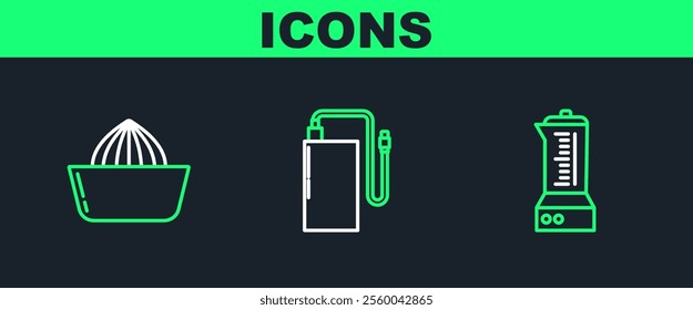 Set line Blender, Citrus fruit juicer and Power bank with different charge cable icon. Vector