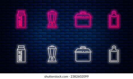 Fijar la línea Blender, Cocinar la olla, el paquete de papel para la leche y la tabla de corte. Icono de neón brillante en la pared de ladrillo. Vector