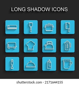 Set line Blender, Covered with tray, Air conditioner, Sauce bottle, Coffee cup, Chef hat, Teapot and Kettle handle icon. Vector