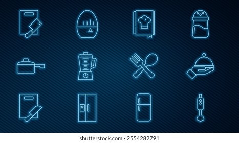 Set line Blender, Covered with tray, Cookbook, Frying pan, Cutting board and meat chopper, Crossed fork spoon and Kitchen timer icon. Vector