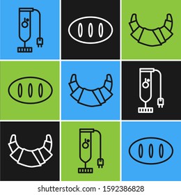 Set line Blender , Croissant  and Bread loaf  icon. Vector