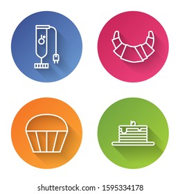 Set line Blender , Croissant , Muffin  and Stack of pancakes . Color circle button. Vector