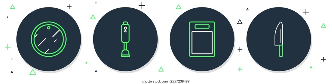 Set line Blender, Cutting board,  and Knife icon. Vector