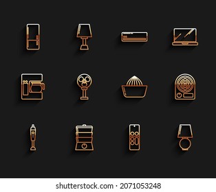 Fijar línea Blender, Doble caldera, Refrigerador, Control remoto, lámpara de mesa, ventilador eléctrico, calentador y icono de jugo de cítricos. Vector