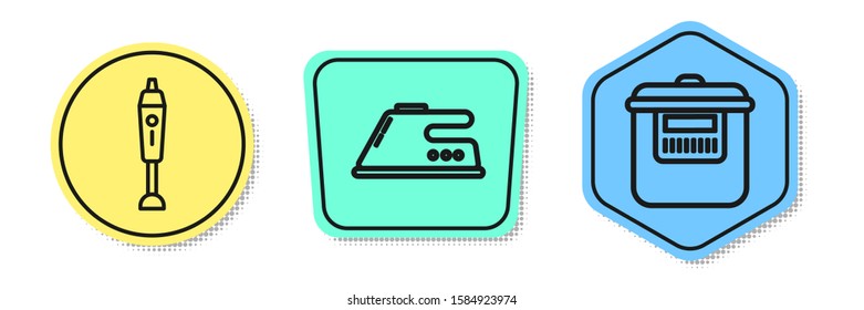 Set line Blender , Electric iron  and Slow cooker . Colored shapes. Vector