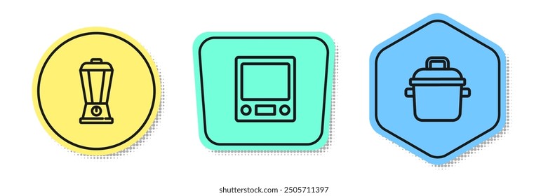 Set line Blender, Electronic scales and Cooking pot. Colored shapes. Vector